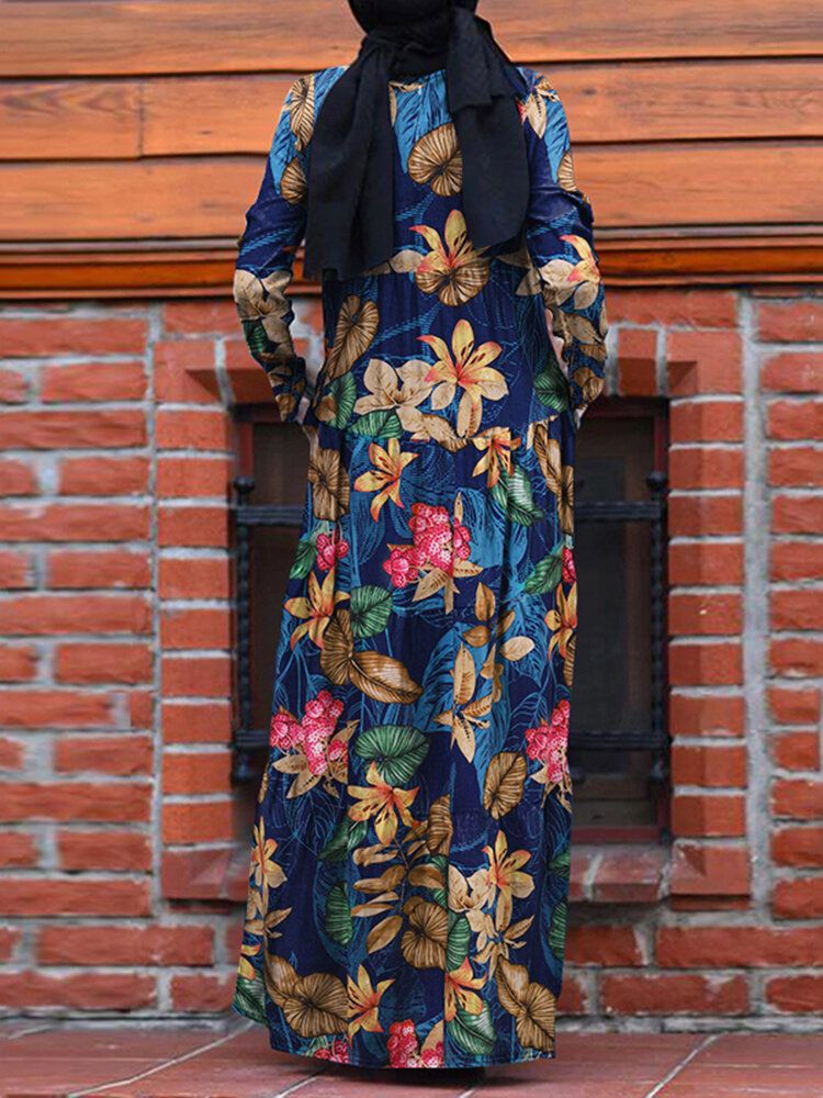 Femmes Casual Robe Kaftan Floral Loose Long Sleeve Outing Dress With Side Pockets