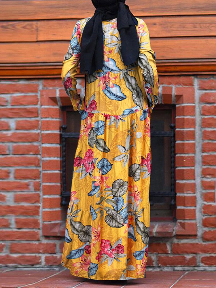 Femmes Casual Robe Kaftan Floral Loose Long Sleeve Outing Dress With Side Pockets