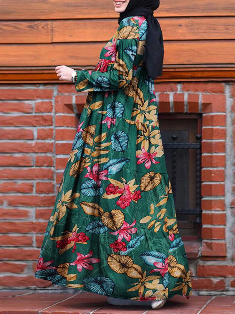 Femmes Casual Robe Kaftan Floral Loose Long Sleeve Outing Dress With Side Pockets