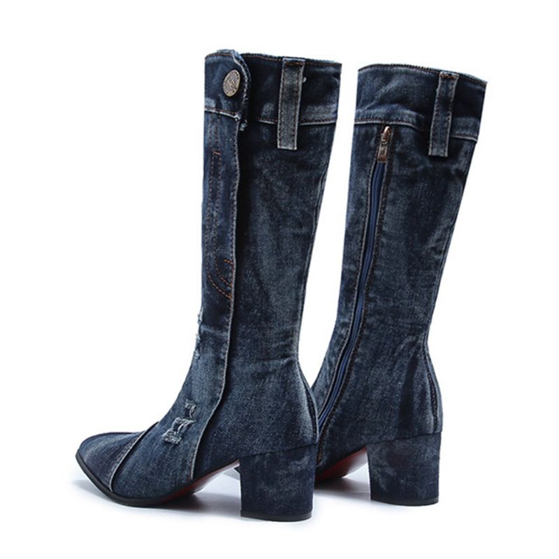 Femmes Casual Side Zipper Bout Pointu Talon Chunky Mi-mollet Bottes En Tissu Denim