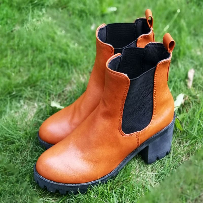 Femmes Casual Slip On Round Toe Platform Chunky Heel Bottines