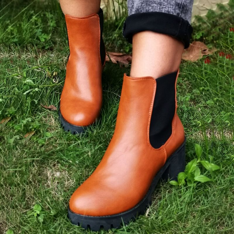 Femmes Casual Slip On Round Toe Platform Chunky Heel Bottines