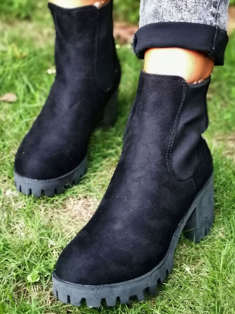 Femmes Casual Slip On Round Toe Platform Chunky Heel Bottines