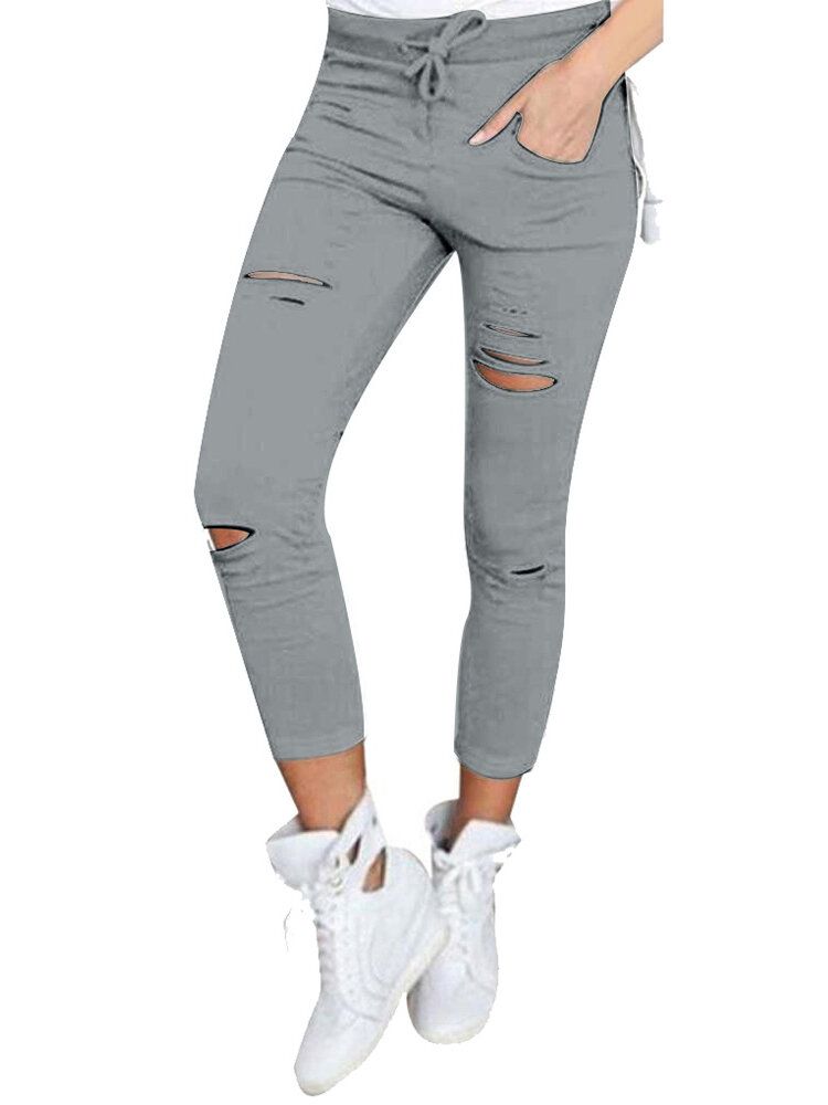 Femmes Causal Holes Taille Haute Loose Solid Skinny Jeans