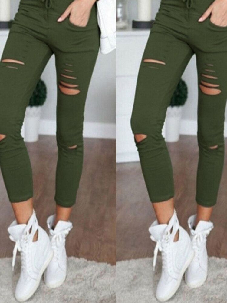 Femmes Causal Holes Taille Haute Loose Solid Skinny Jeans