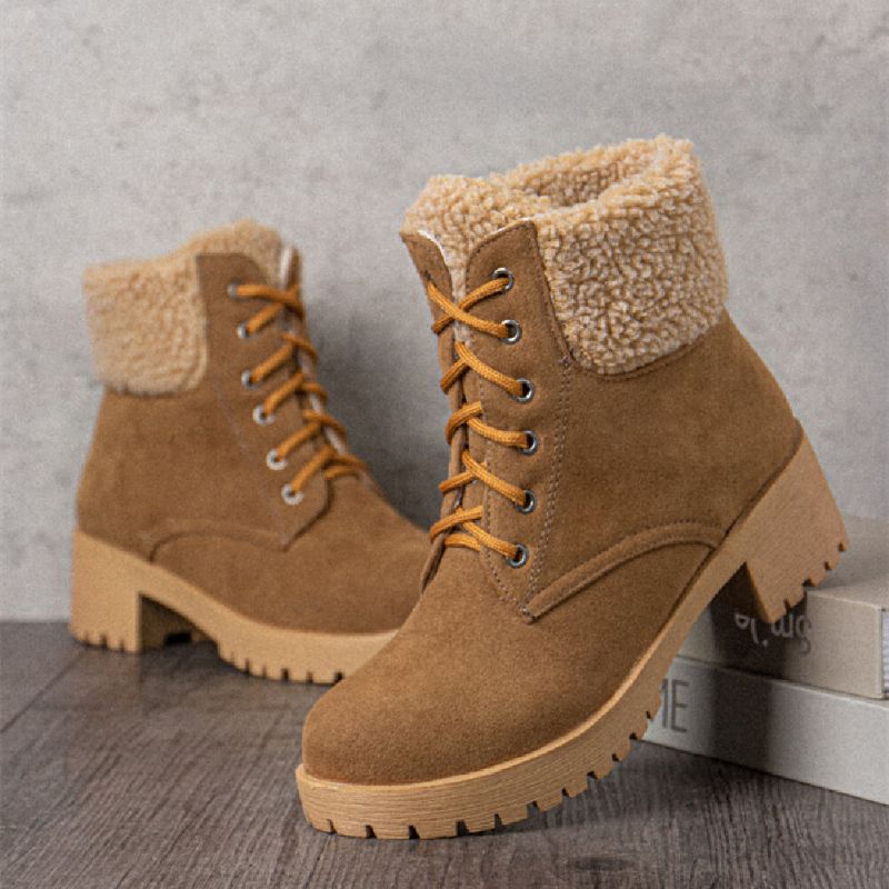 Femmes Causal Solid Color Lace Up Warm Fluff Flanging Bottes Courtes