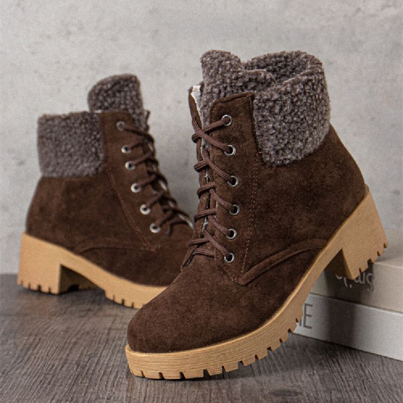 Femmes Causal Solid Color Lace Up Warm Fluff Flanging Bottes Courtes