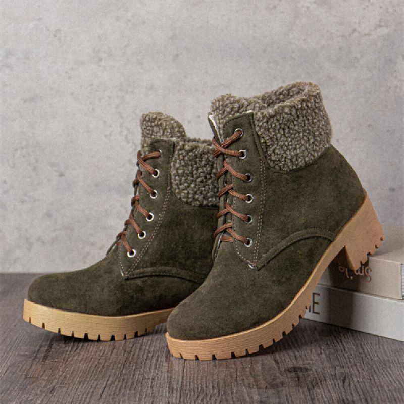 Femmes Causal Solid Color Lace Up Warm Fluff Flanging Bottes Courtes