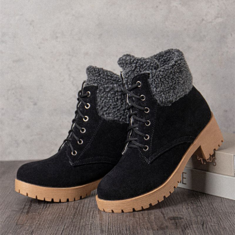 Femmes Causal Solid Color Lace Up Warm Fluff Flanging Bottes Courtes