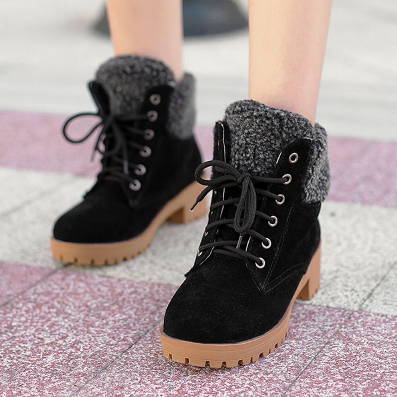 Femmes Causal Solid Color Lace Up Warm Fluff Flanging Bottes Courtes