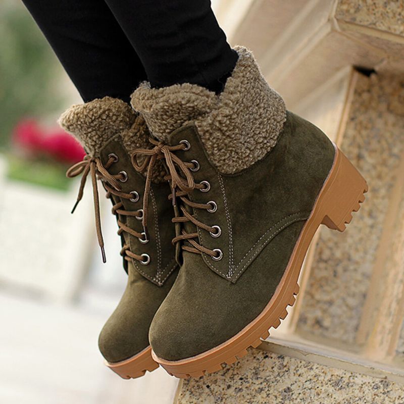 Femmes Causal Solid Color Lace Up Warm Fluff Flanging Bottes Courtes