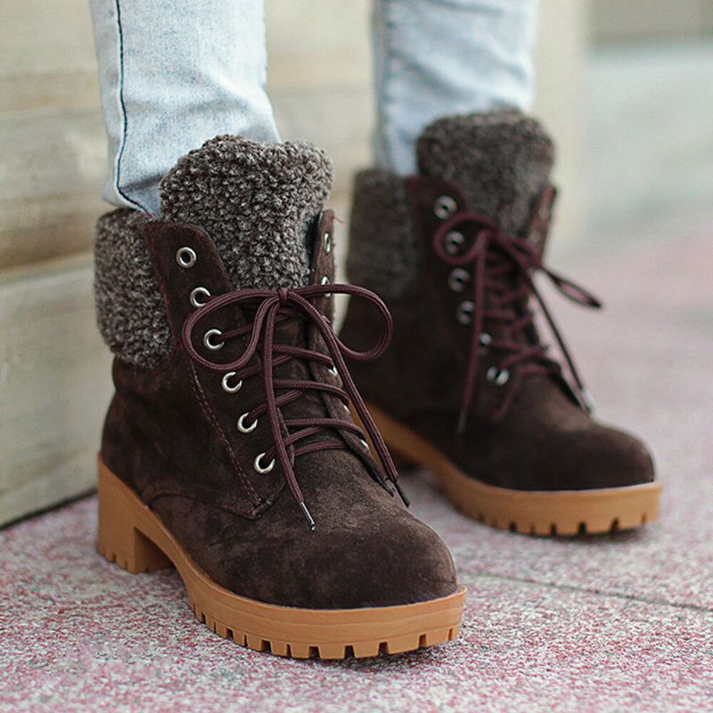 Femmes Causal Solid Color Lace Up Warm Fluff Flanging Bottes Courtes