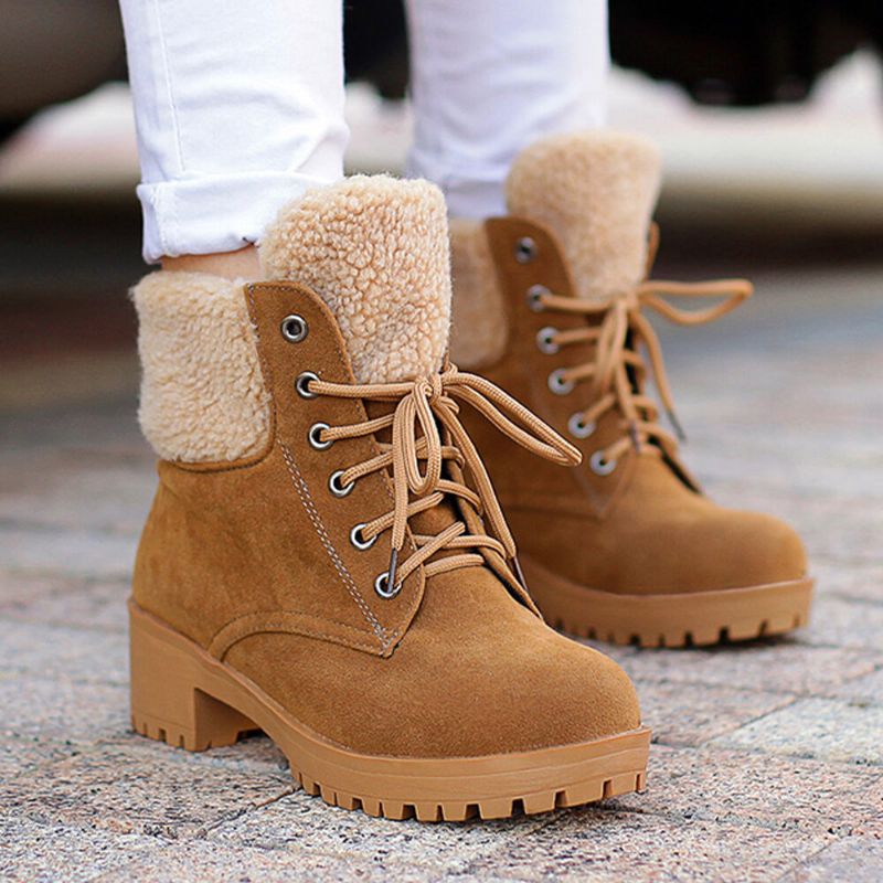 Femmes Causal Solid Color Lace Up Warm Fluff Flanging Bottes Courtes