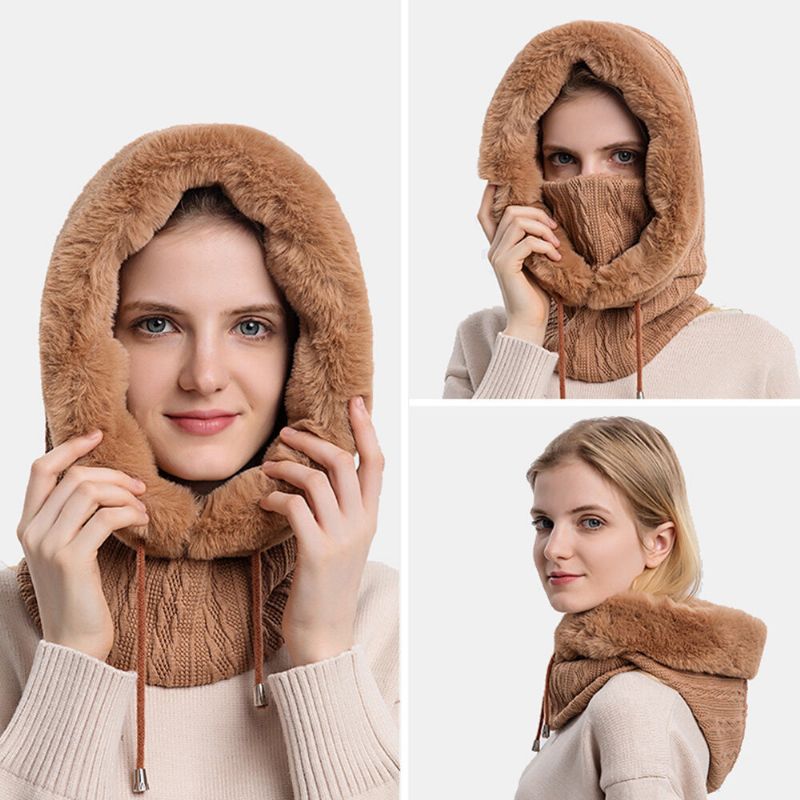 Femmes Chaperon Extérieur En Peluche Chaud Cou Protection Oreille Protection Bavoir Une Pièce Résistant Au Froid Couvre-chef