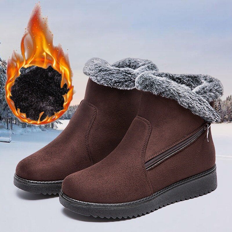 Femmes Chaud Doublé Taille Fermeture Éclair Couleur Unie Cheville Bottes De Neige