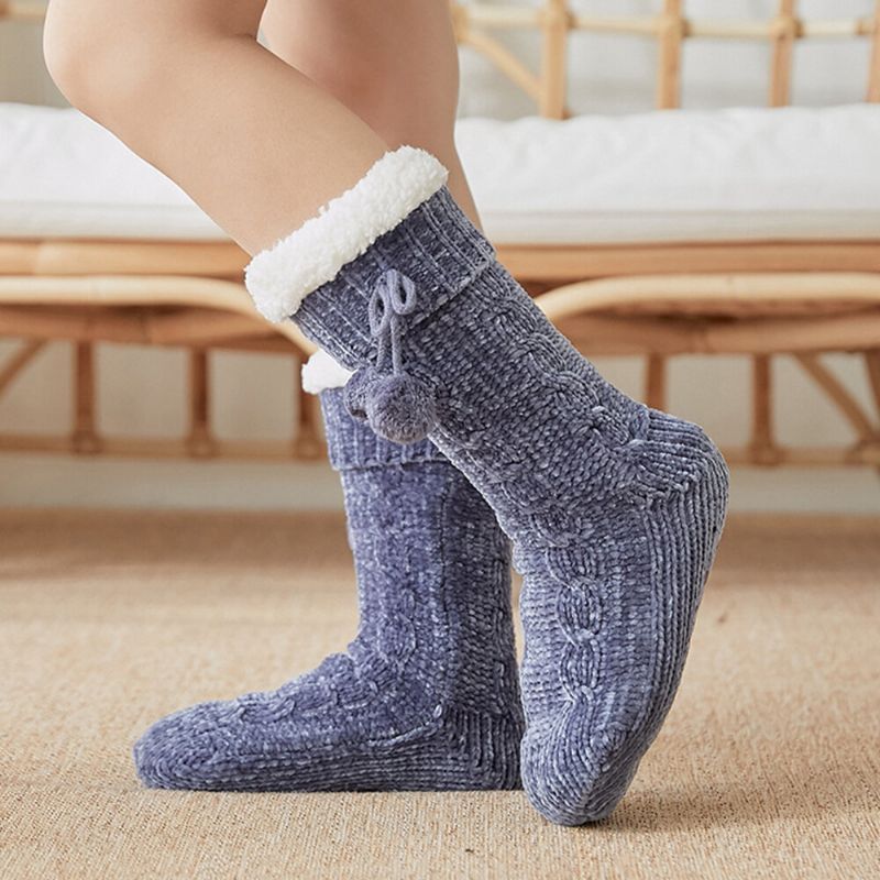 Femmes Chaud Hiver Extérieur Couleur Unie Plus Velours Épaissir Maison Sommeil Chaussettes Tube Chaussettes Avec Peluches