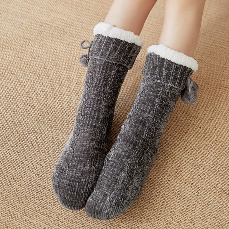 Femmes Chaud Hiver Extérieur Couleur Unie Plus Velours Épaissir Maison Sommeil Chaussettes Tube Chaussettes Avec Peluches