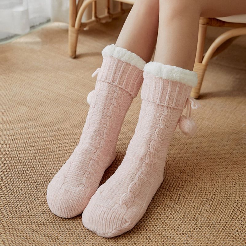 Femmes Chaud Hiver Extérieur Couleur Unie Plus Velours Épaissir Maison Sommeil Chaussettes Tube Chaussettes Avec Peluches