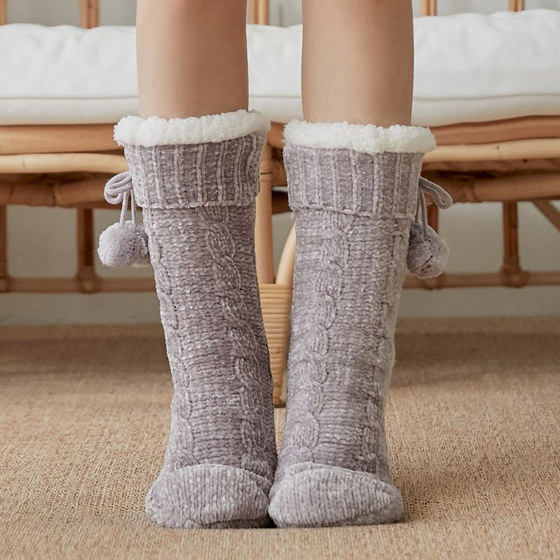 Femmes Chaud Hiver Extérieur Couleur Unie Plus Velours Épaissir Maison Sommeil Chaussettes Tube Chaussettes Avec Peluches