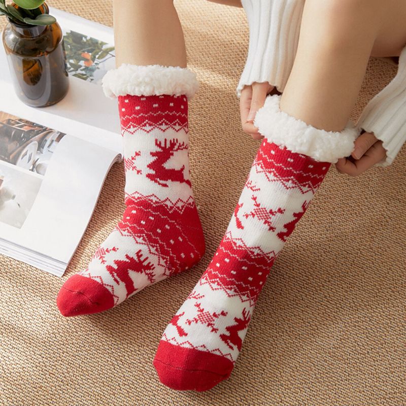 Femmes Chaud Hiver En Plein Air De Noël Style Elk Flocon De Neige Motif Plus Velours Épaissir Maison Sommeil Chaussettes Tube Chaussettes