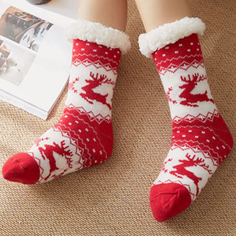 Femmes Chaud Hiver En Plein Air De Noël Style Elk Flocon De Neige Motif Plus Velours Épaissir Maison Sommeil Chaussettes Tube Chaussettes