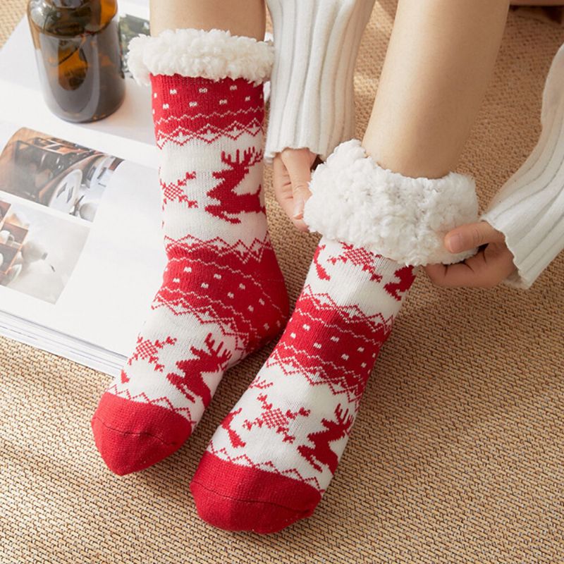 Femmes Chaud Hiver En Plein Air De Noël Style Elk Flocon De Neige Motif Plus Velours Épaissir Maison Sommeil Chaussettes Tube Chaussettes