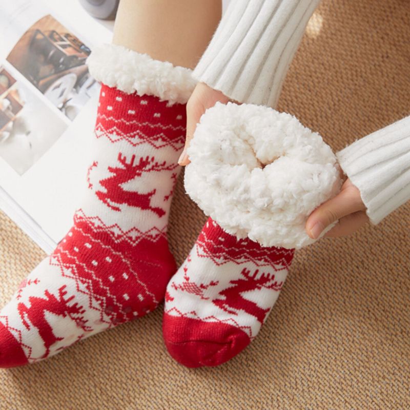 Femmes Chaud Hiver En Plein Air De Noël Style Elk Flocon De Neige Motif Plus Velours Épaissir Maison Sommeil Chaussettes Tube Chaussettes