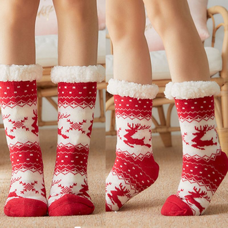 Femmes Chaud Hiver En Plein Air De Noël Style Elk Flocon De Neige Motif Plus Velours Épaissir Maison Sommeil Chaussettes Tube Chaussettes