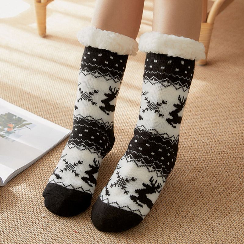 Femmes Chaud Hiver En Plein Air De Noël Style Elk Flocon De Neige Motif Plus Velours Épaissir Maison Sommeil Chaussettes Tube Chaussettes