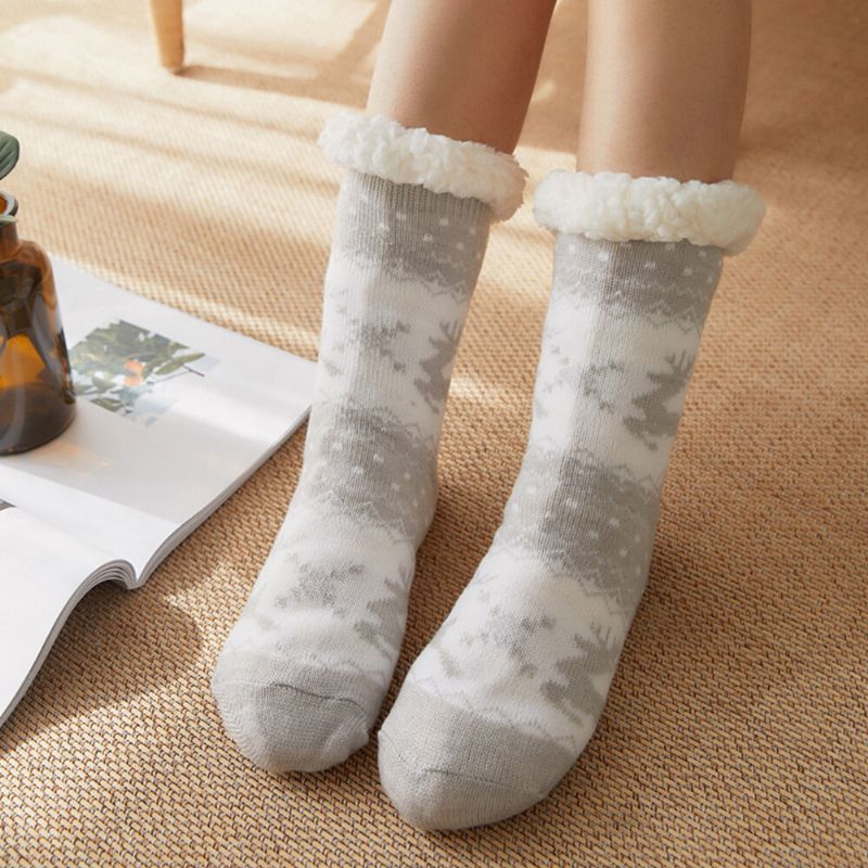 Femmes Chaud Hiver En Plein Air De Noël Style Elk Flocon De Neige Motif Plus Velours Épaissir Maison Sommeil Chaussettes Tube Chaussettes