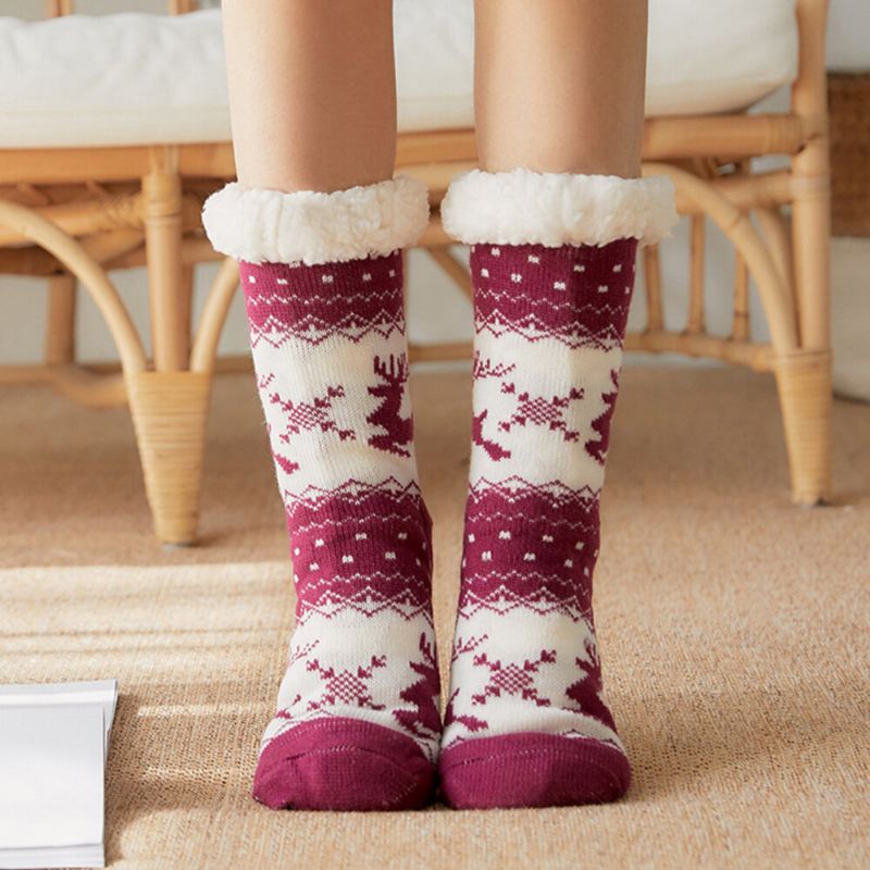 Femmes Chaud Hiver En Plein Air De Noël Style Elk Flocon De Neige Motif Plus Velours Épaissir Maison Sommeil Chaussettes Tube Chaussettes