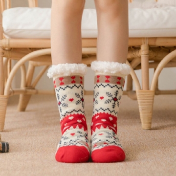 Femmes Chaud Hiver En Plein Air De Noël Style Flocon De Neige Motif Plus Velours Épaissir Maison Sommeil Chaussettes Tube Chaussettes