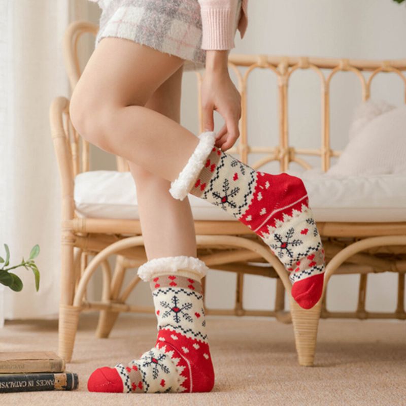 Femmes Chaud Hiver En Plein Air De Noël Style Flocon De Neige Motif Plus Velours Épaissir Maison Sommeil Chaussettes Tube Chaussettes