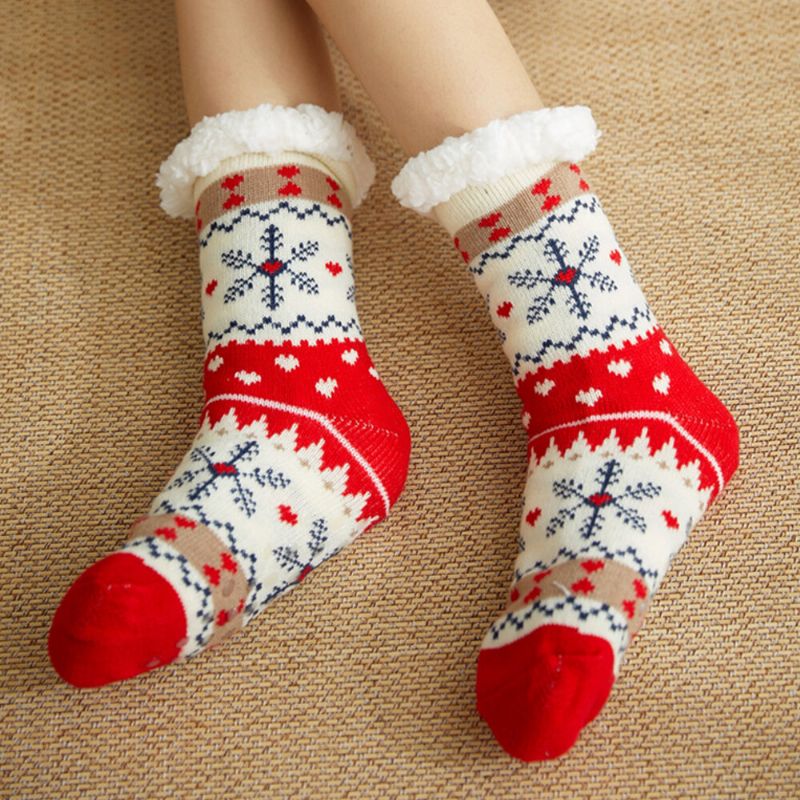 Femmes Chaud Hiver En Plein Air De Noël Style Flocon De Neige Motif Plus Velours Épaissir Maison Sommeil Chaussettes Tube Chaussettes