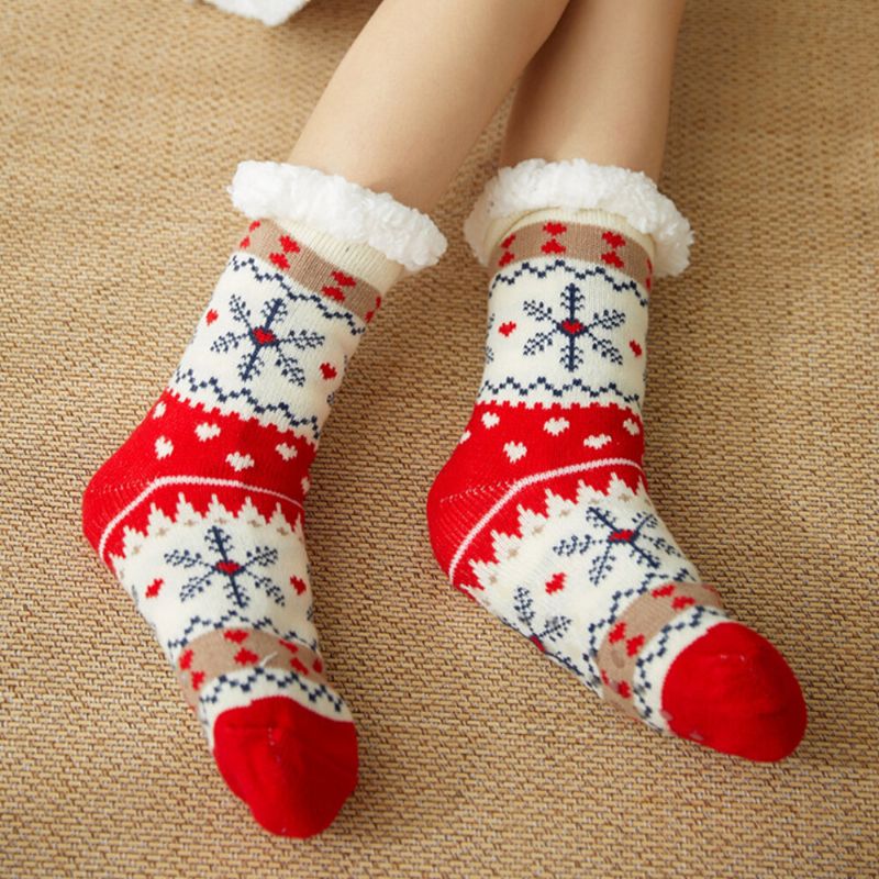 Femmes Chaud Hiver En Plein Air De Noël Style Flocon De Neige Motif Plus Velours Épaissir Maison Sommeil Chaussettes Tube Chaussettes