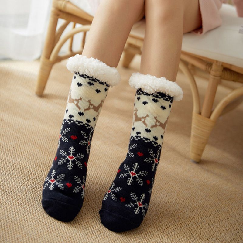 Femmes Chaud Hiver En Plein Air De Noël Style Flocon De Neige Motif Plus Velours Épaissir Maison Sommeil Chaussettes Tube Chaussettes