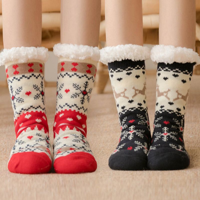 Femmes Chaud Hiver En Plein Air De Noël Style Flocon De Neige Motif Plus Velours Épaissir Maison Sommeil Chaussettes Tube Chaussettes