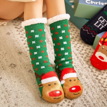 Femmes Chaud Hiver En Plein Air De Noël Style Père Noël Elk Motif Plus Velours Épaissir Maison Sommeil Chaussettes Tube Chaussettes