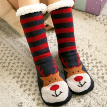 Femmes Chaud Hiver En Plein Air De Noël Style Père Noël Elk Motif Plus Velours Épaissir Maison Sommeil Chaussettes Tube Chaussettes