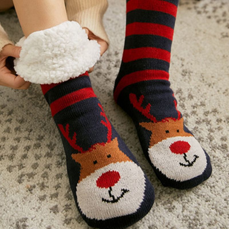 Femmes Chaud Hiver En Plein Air De Noël Style Père Noël Elk Motif Plus Velours Épaissir Maison Sommeil Chaussettes Tube Chaussettes