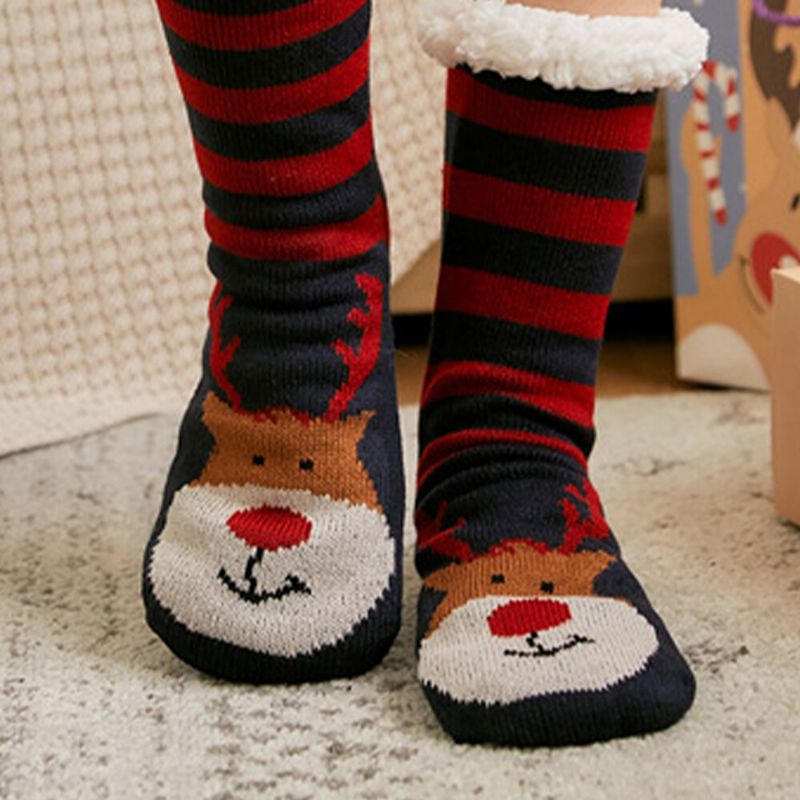 Femmes Chaud Hiver En Plein Air De Noël Style Père Noël Elk Motif Plus Velours Épaissir Maison Sommeil Chaussettes Tube Chaussettes