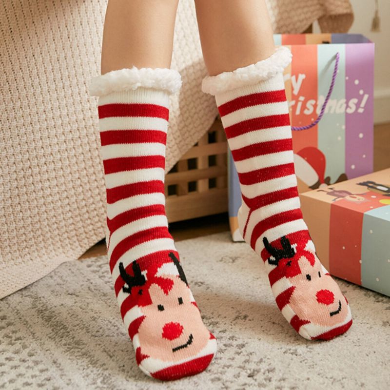 Femmes Chaud Hiver En Plein Air Style De Noël Rayure Elk Motif Plus Velours Épaissir Maison Sommeil Chaussettes Tube Chaussettes