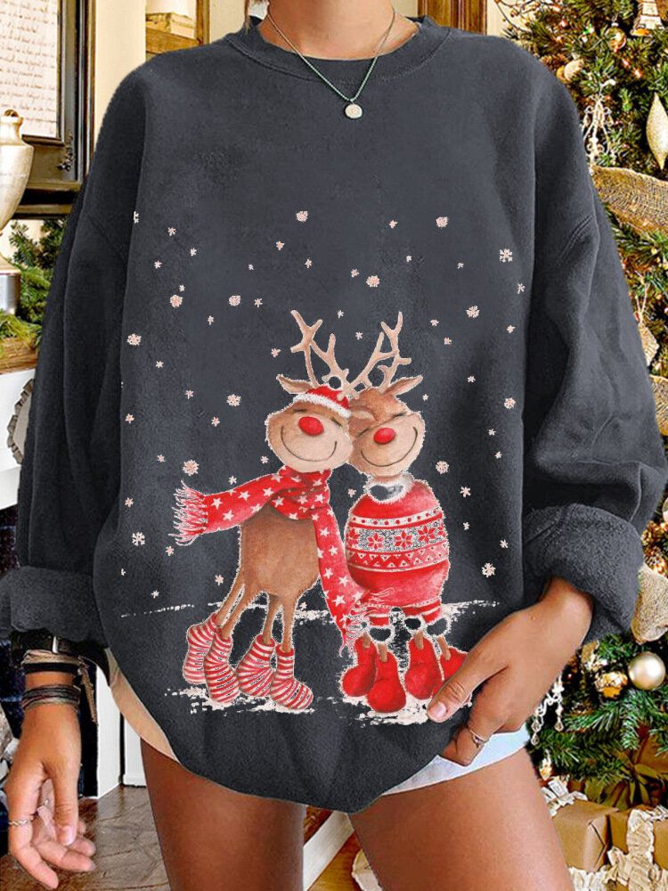 Femmes Christmas Elk Cartoon Cerf Snow Print Casual O-cou Loose Casual Pull Sweat