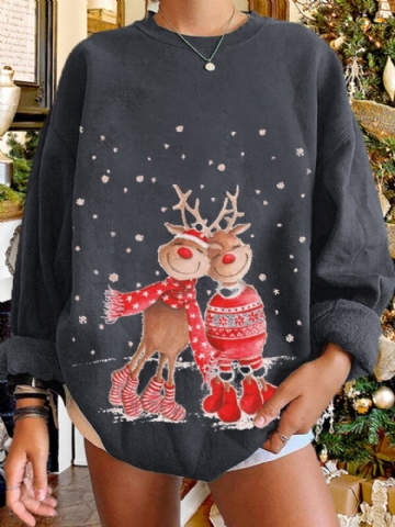 Femmes Christmas Elk Cartoon Cerf Snow Print Casual O-cou Loose Casual Pull Sweat