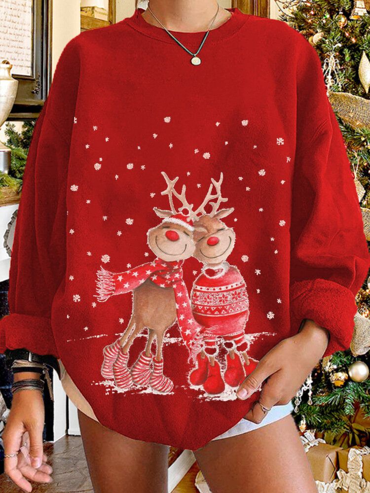 Femmes Christmas Elk Cartoon Cerf Snow Print Casual O-cou Loose Casual Pull Sweat