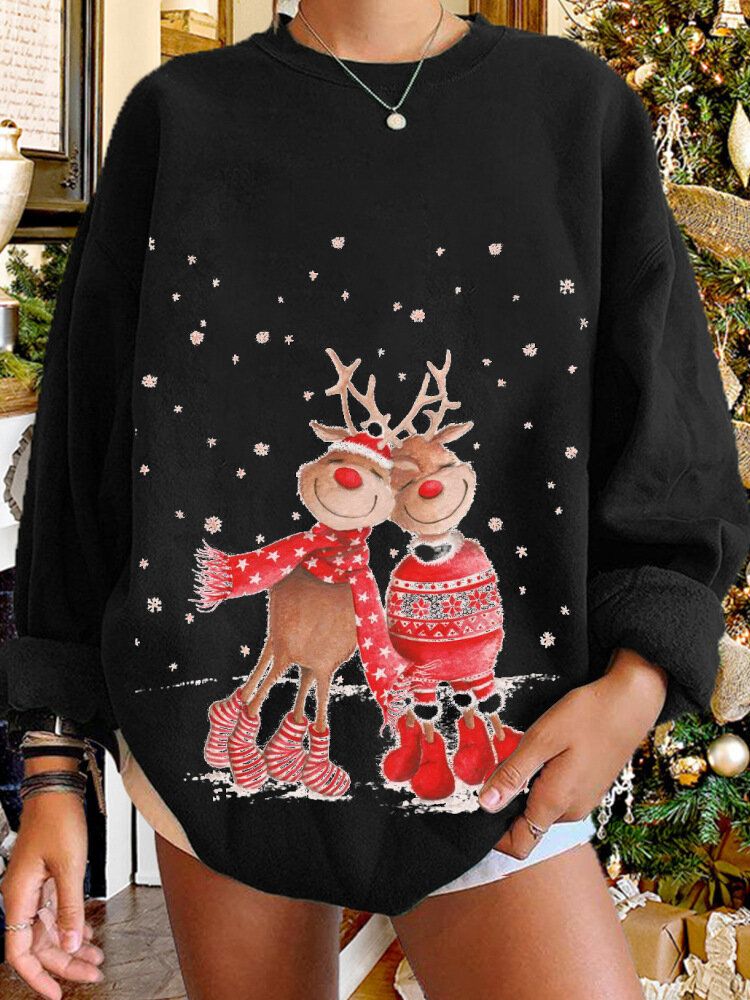 Femmes Christmas Elk Cartoon Cerf Snow Print Casual O-cou Loose Casual Pull Sweat