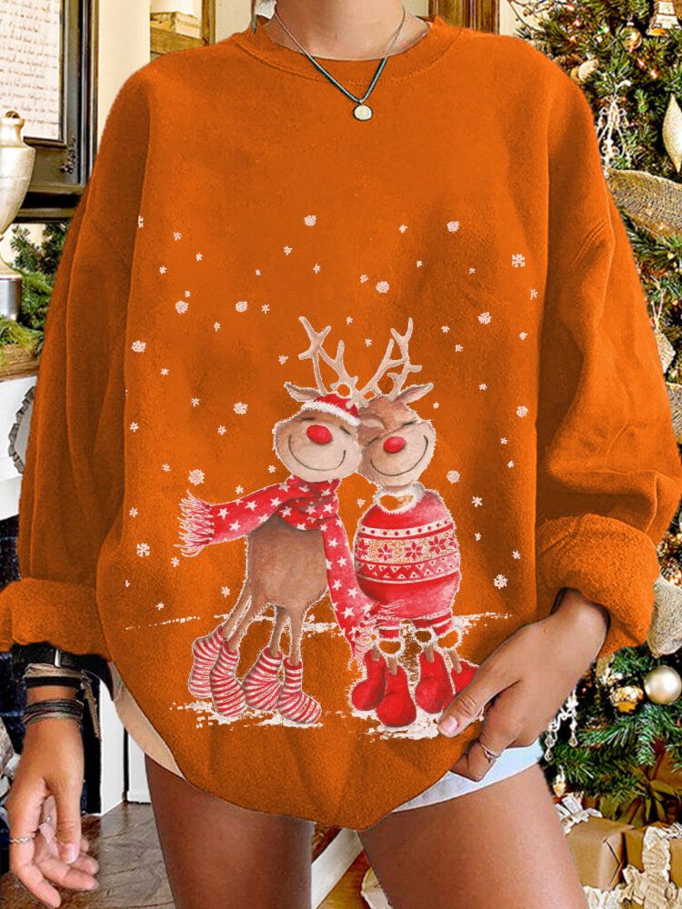 Femmes Christmas Elk Cartoon Cerf Snow Print Casual O-cou Loose Casual Pull Sweat