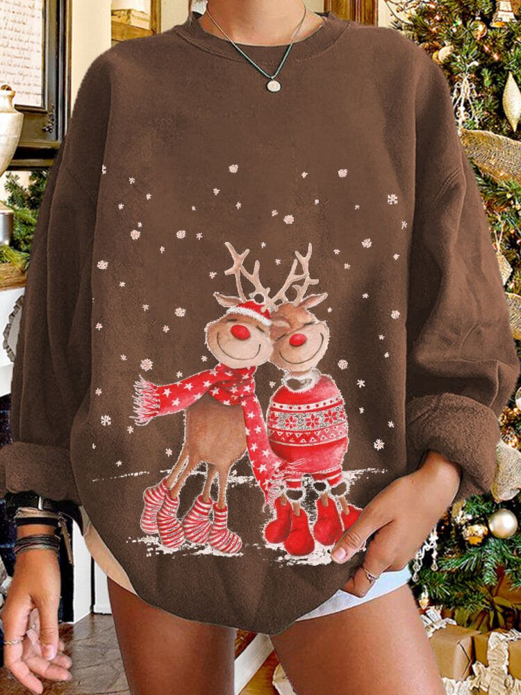 Femmes Christmas Elk Cartoon Cerf Snow Print Casual O-cou Loose Casual Pull Sweat