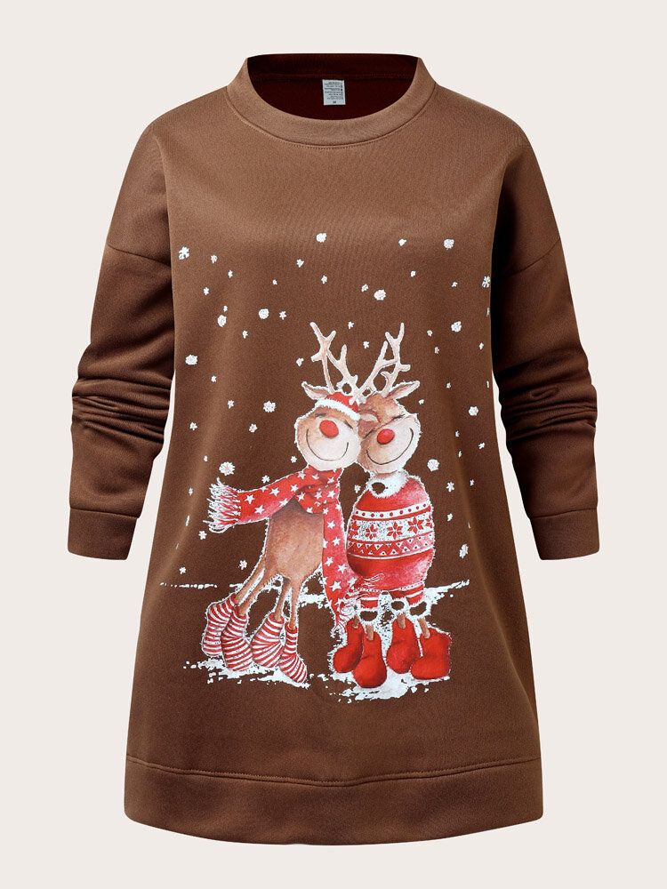 Femmes Christmas Elk Cartoon Cerf Snow Print Casual O-cou Loose Casual Pull Sweat