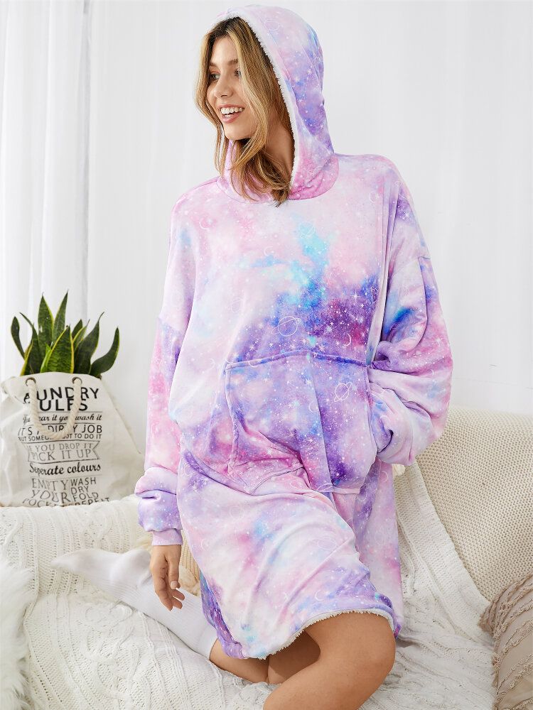 Femmes Ciel Étoilé Imprimé Surdimensionné Épais Couverture Réversible À Capuche Confortable Homewear Avec Poche